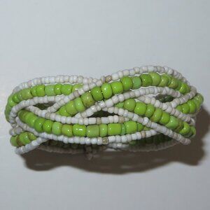Flexible Green And Ivory Seed Woven Bracelet